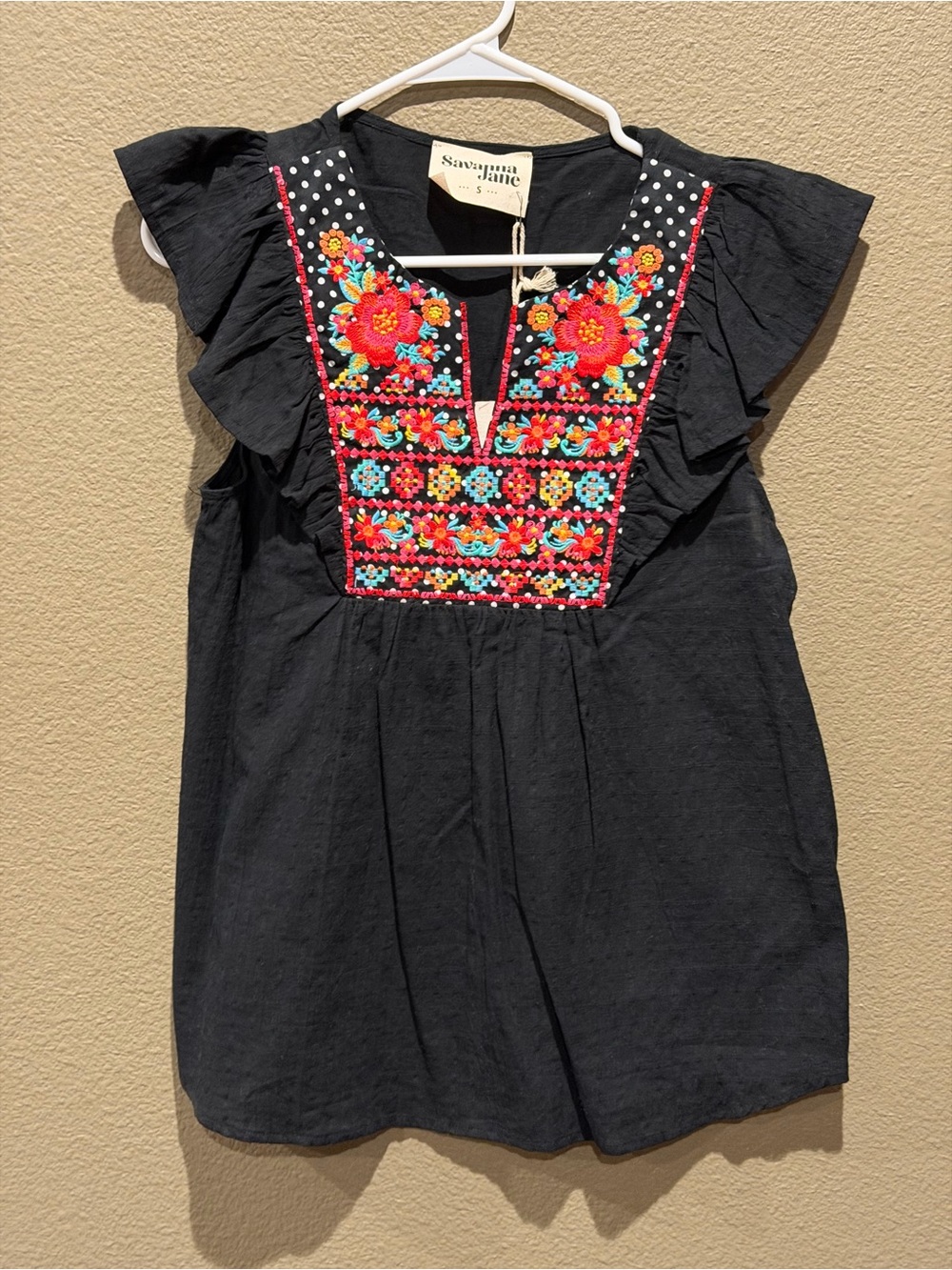 Savanna Jane Black Flutter Sleeve Tunic with Multicolor Floral Embroidery